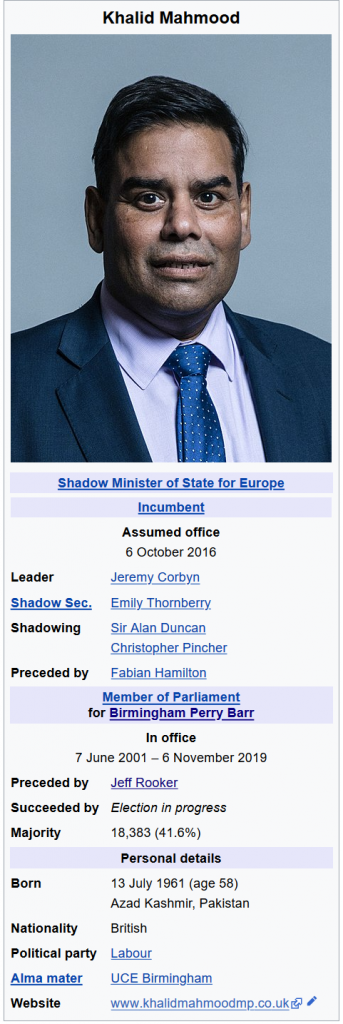 Wikipedia information pane for Khalid Mahmood MP