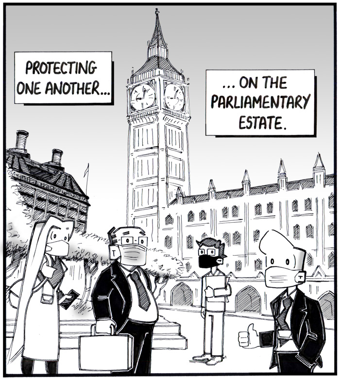 Cartoon showing people wearing masks outside Palace of Westminster