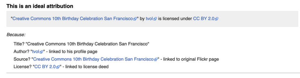 Creative Commons ideal attribution, screenshot