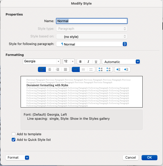 Word for Mac styles pane