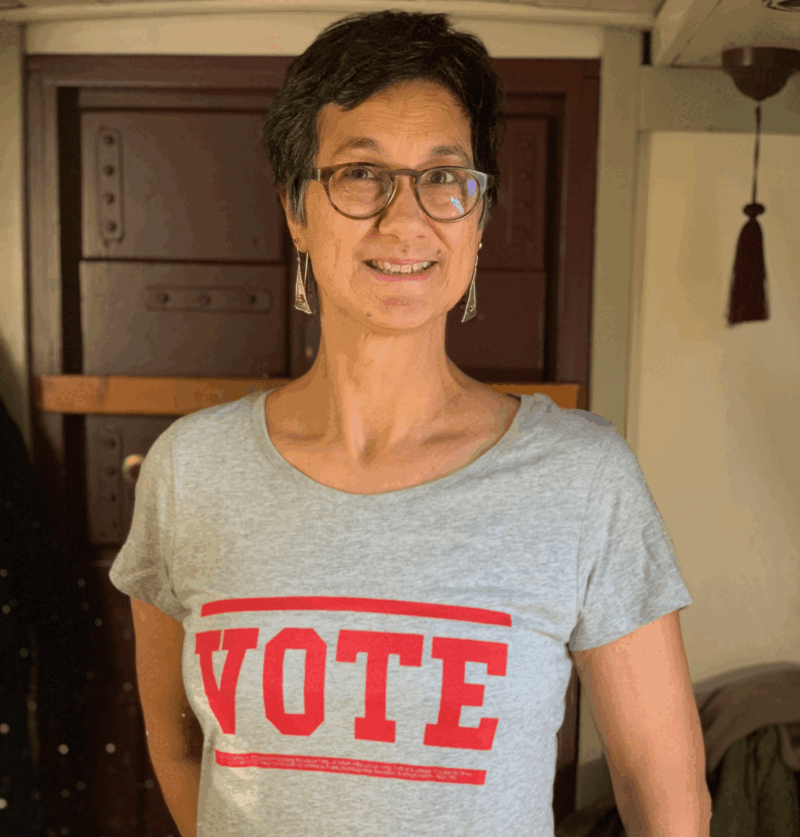 Katie's t-shirt says 'vote'